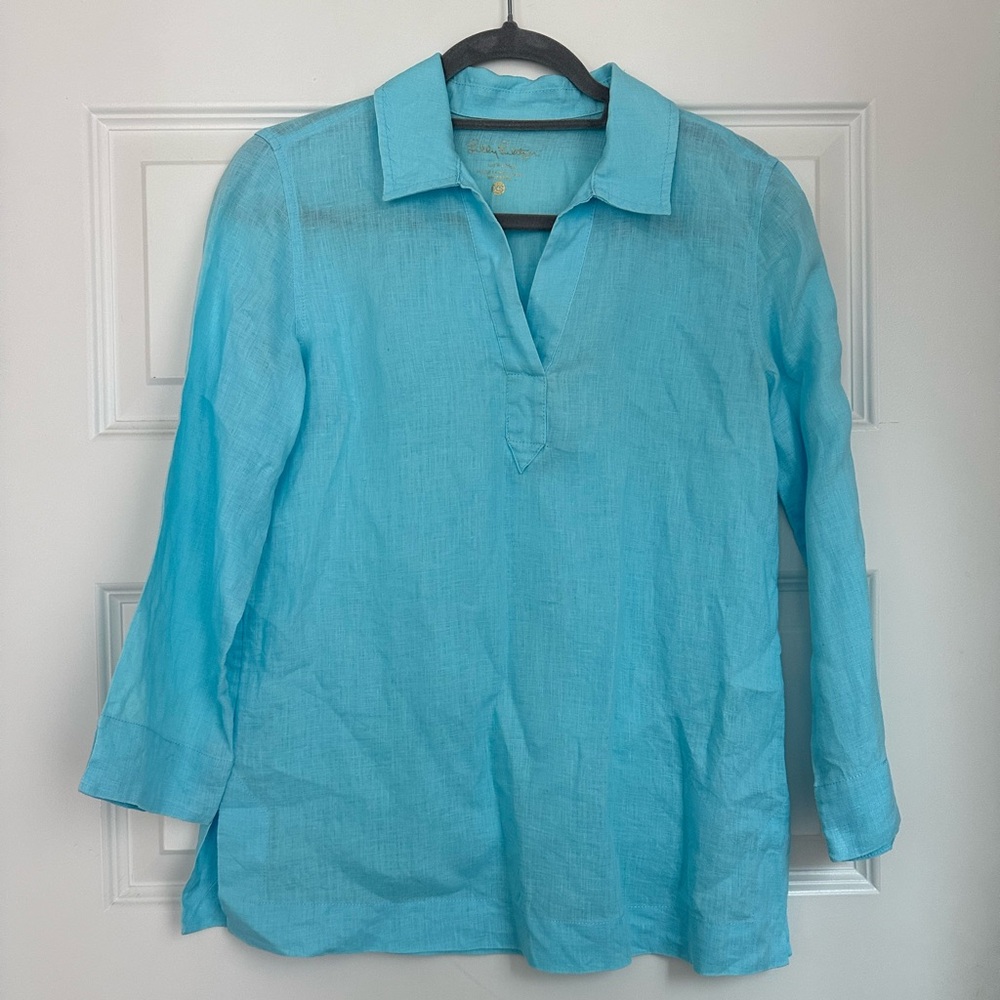 Lilly Pulitzer 100% Linen Tunic Top in Blue Size XS v-neck with collar
